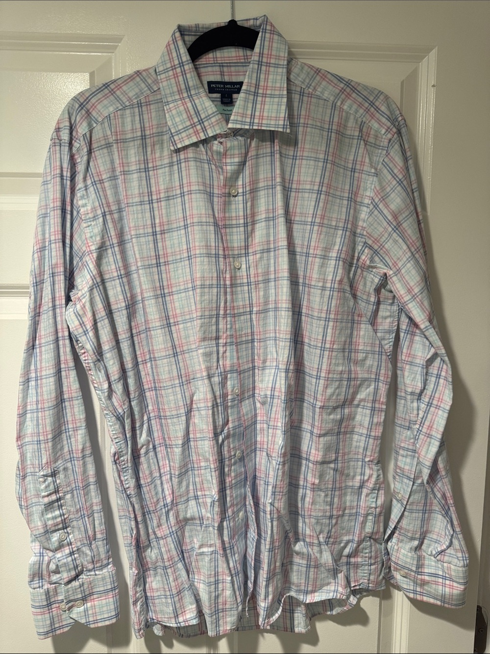 Peter Millar Pink and Blue Plaid Spread-Collar Dress Shirt